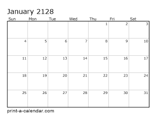 2128 Monthly Calendar