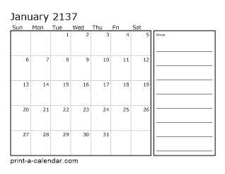 2137 Monthly Calendar with Notes