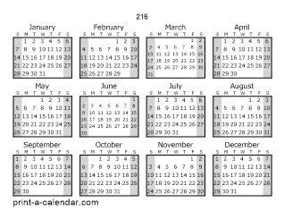 216 Yearly Calendar (Style 1)