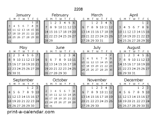 2208 Yearly Calendar (Style 1)