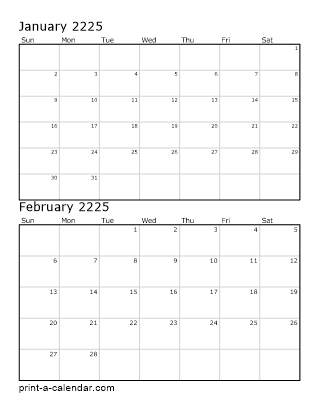 2225 Two Months per page vertical stacked printable calendar