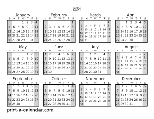 2251 Yearly Calendar (Style 1)