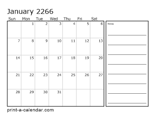 2266 Monthly Calendar with Notes