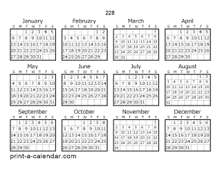 228 Yearly Calendar | One page Calendar