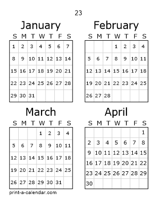 23 Three Page Yearly Calendar | Four months per page