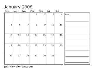 2308 Monthly Calendar with Notes