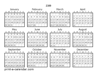 2389 Yearly Calendar | One page Calendar