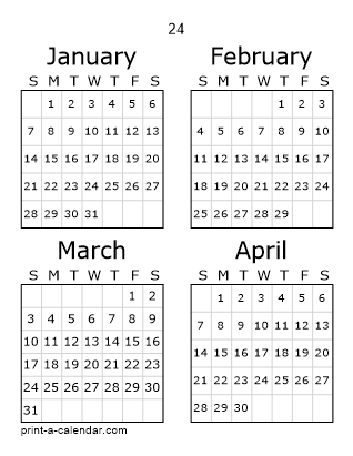 24 Three Page Yearly Calendar | Four months per page