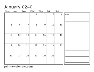 240 Monthly Calendar with Notes