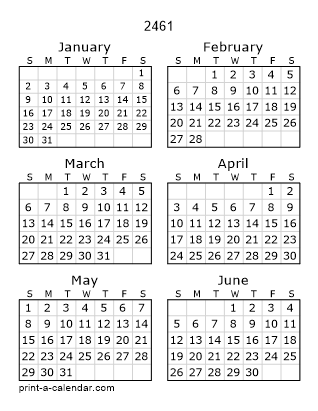 2461 Two Page Yearly Calendar | Six months per page