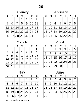 25 Two Page Yearly Calendar | Six months per page