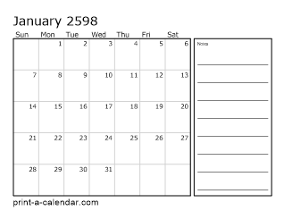 2598 Monthly Calendar with Notes