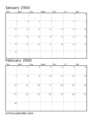 2900 Two Months per page vertical stacked printable calendar