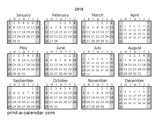 2919 Yearly Calendar (Style 1)
