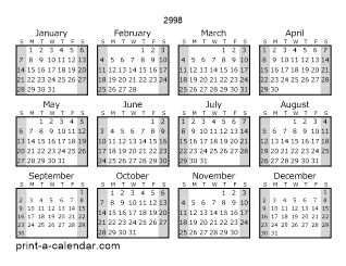 2998 Yearly Calendar (Style 1)