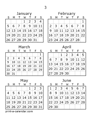 3 Two Page Yearly Calendar | Six months per page