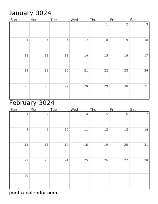 3024 Two Months per page vertical stacked printable calendar