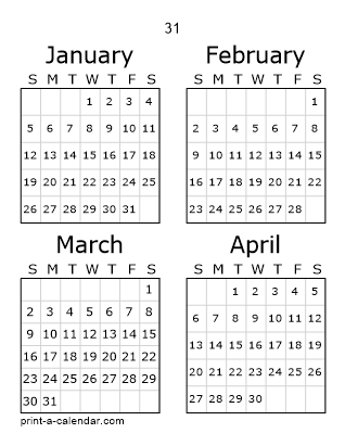 31 Three Page Yearly Calendar | Four months per page