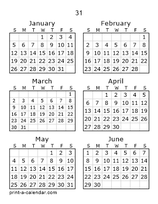 31 Two Page Yearly Calendar | Six months per page