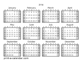 3114 Yearly Calendar (Style 1)