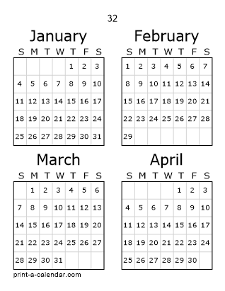 32 Three Page Yearly Calendar | Four months per page