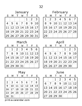 32 Two Page Yearly Calendar | Six months per page