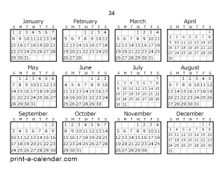 34 Yearly Calendar | One page Calendar