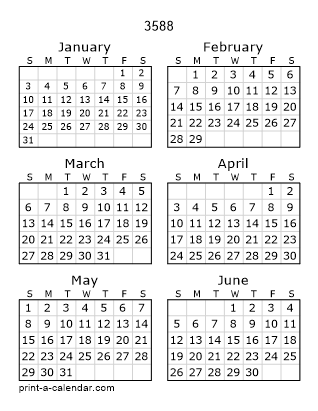 3588 Two Page Yearly Calendar | Six months per page