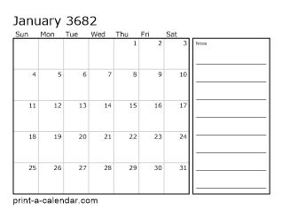 3682 Monthly Calendar with Notes