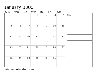 3800 Monthly Calendar with Notes