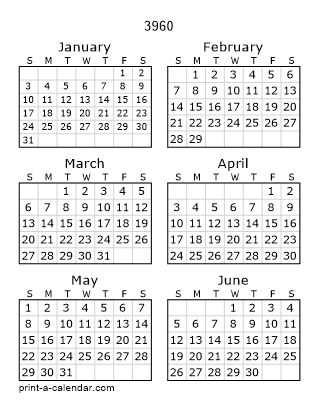 3960 Two Page Yearly Calendar | Six months per page