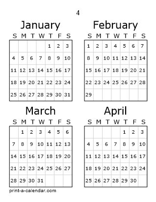 4 Three Page Yearly Calendar | Four months per page