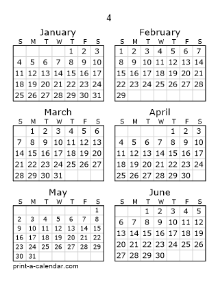 4 Two Page Yearly Calendar | Six months per page