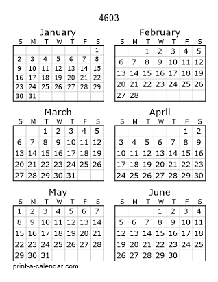 4603 Two Page Yearly Calendar | Six months per page