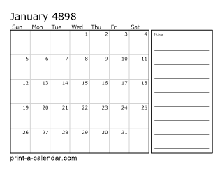 4898 Monthly Calendar with Notes