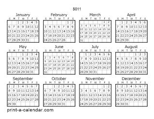 5011 Yearly Calendar | One page Calendar