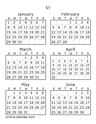 51 Two Page Yearly Calendar | Six months per page