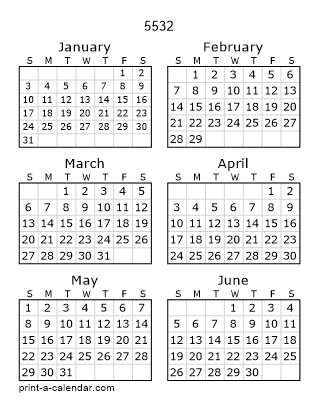 5532 Two Page Yearly Calendar | Six months per page