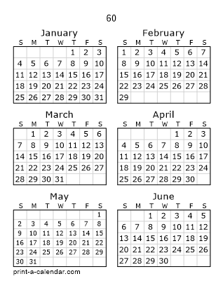 60 Two Page Yearly Calendar | Six months per page