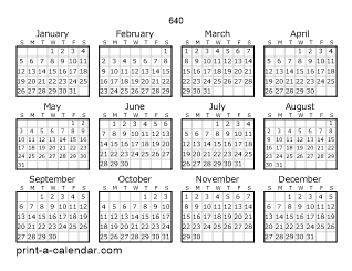 640 Yearly Calendar | One page Calendar