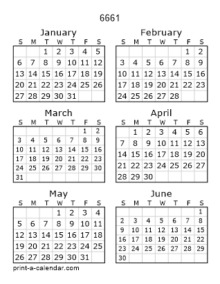 6661 Two Page Yearly Calendar | Six months per page