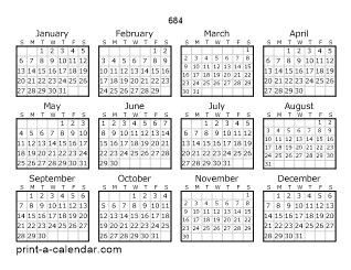 684 Yearly Calendar | One page Calendar