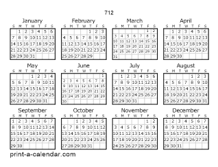 712 Yearly Calendar | One page Calendar