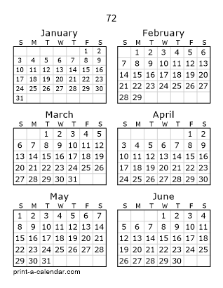 72 Two Page Yearly Calendar | Six months per page