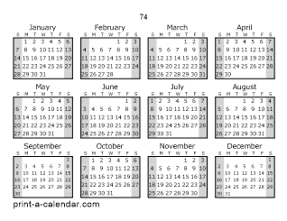 74 Yearly Calendar (Style 1)