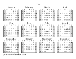 776 Yearly Calendar (Style 1)