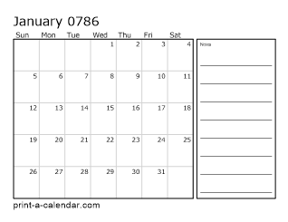 786 Monthly Calendar with Notes