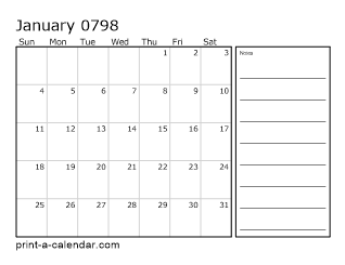 798 Monthly Calendar with Notes