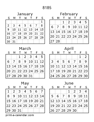 8185 Two Page Yearly Calendar | Six months per page