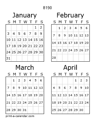 8190 Three Page Yearly Calendar | Four months per page
